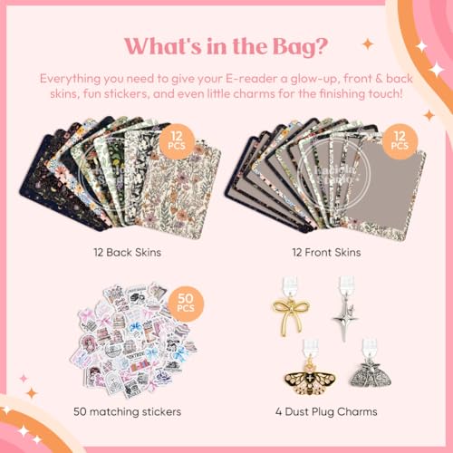 Image of KACIOLA STUDIO 24PCS Vintage Floral Skin for E-Reader, and 4PCS Type C Charms for E-Reader with Scrapbook Stickers, 6.2 inchx4.3 inch Skin Front and Back Decal Inserts for Basic (Vintage Floral)
