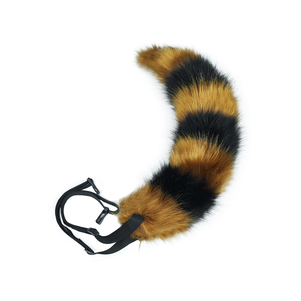 ILUFAM Faux Fur Striped Wolf Fox Tail 60cm Furry Animal Tail For Halloween Party Costume Accessories Cosplay Dress Up (Camel&Black)