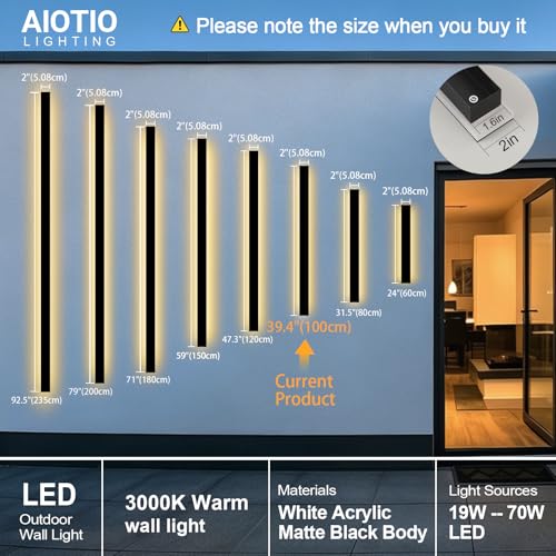 Image of AioTio Modern Outdoor Wall Light Fixture, 2pack 39inch Black LED Outdoor Lights, Modern Porch & Patio Sconce, 3000K Long Strip Light Fixture Outside for House, Garage, Front Door