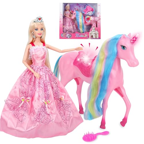 Image of BETTINA Magical Light Unicorn Princess Dolls Set, Unicorn Toys for Girls, Horse Toy with Mane and Tail, Princess Toys, Unicorn Gifts for Girls