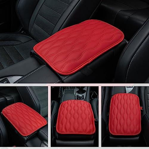 Image of Amiss Auto Center Console Pad, Universal Waterproof Car Armrest Seat Box Cover, Car Interior Accessories, Leather Auto Armrest Cover Protector for Most Vehicle, SUV, Truck, Car (Red)