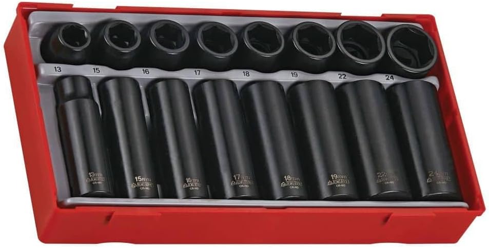 Teng Tools 16 Piece 1/2 Inch Drive 6 Point Metric Regular & Deep ANSI Impact Socket Set - TT9116, Silver