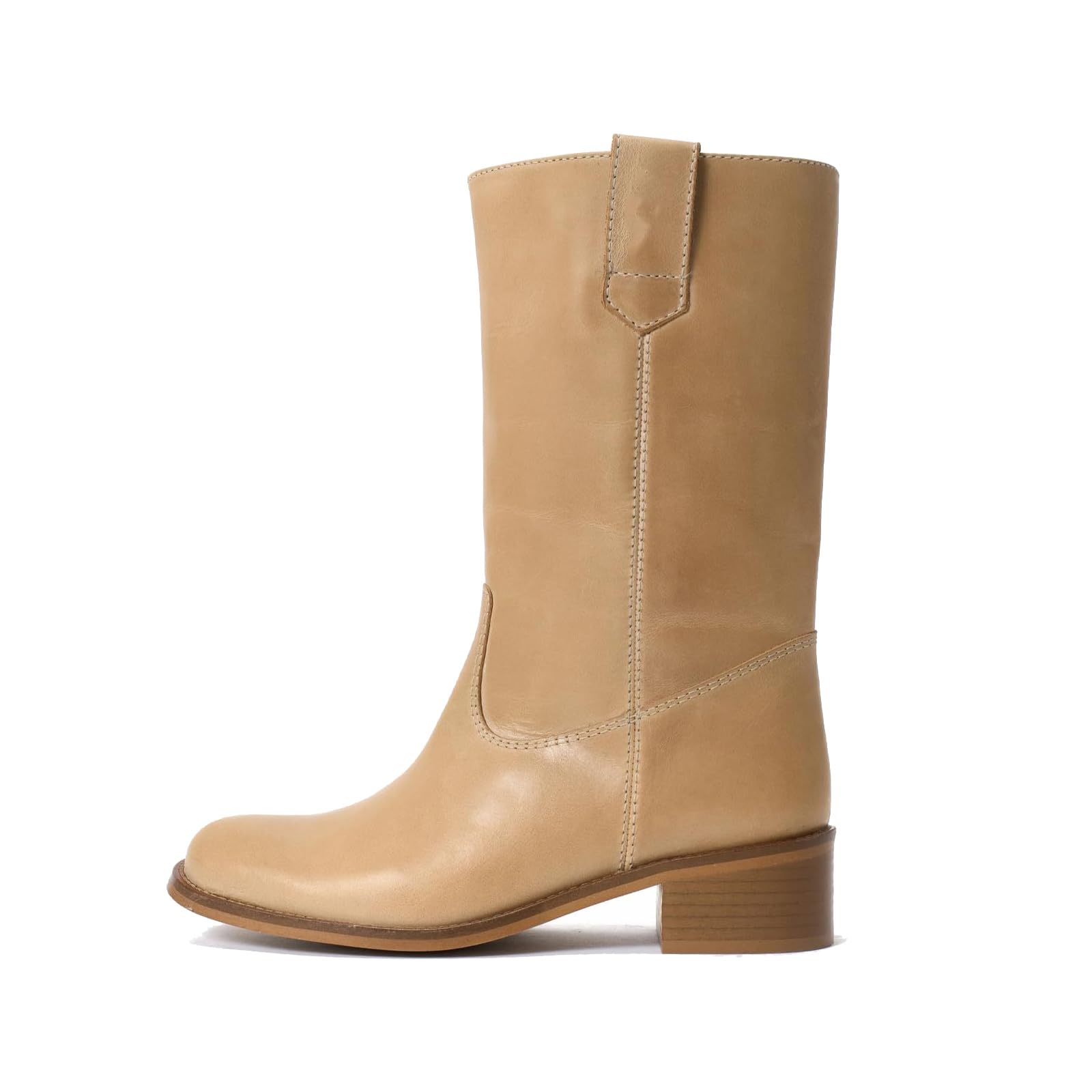 Mid Calf Boots for Women Chunky Block Heel Pull On Boots Round Toe Low Heel Trendy Stylish Riding