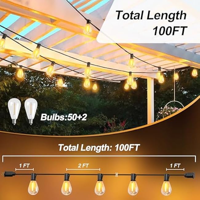 Outdoor String Lights 100FT for Outside Patio Lights with 50+2 Shatterproof S14 LED Dimmable Bulb, Outside Hanging Light Waterproof for Porch Garden Fences Backyard Balcony Pathways 2700K
