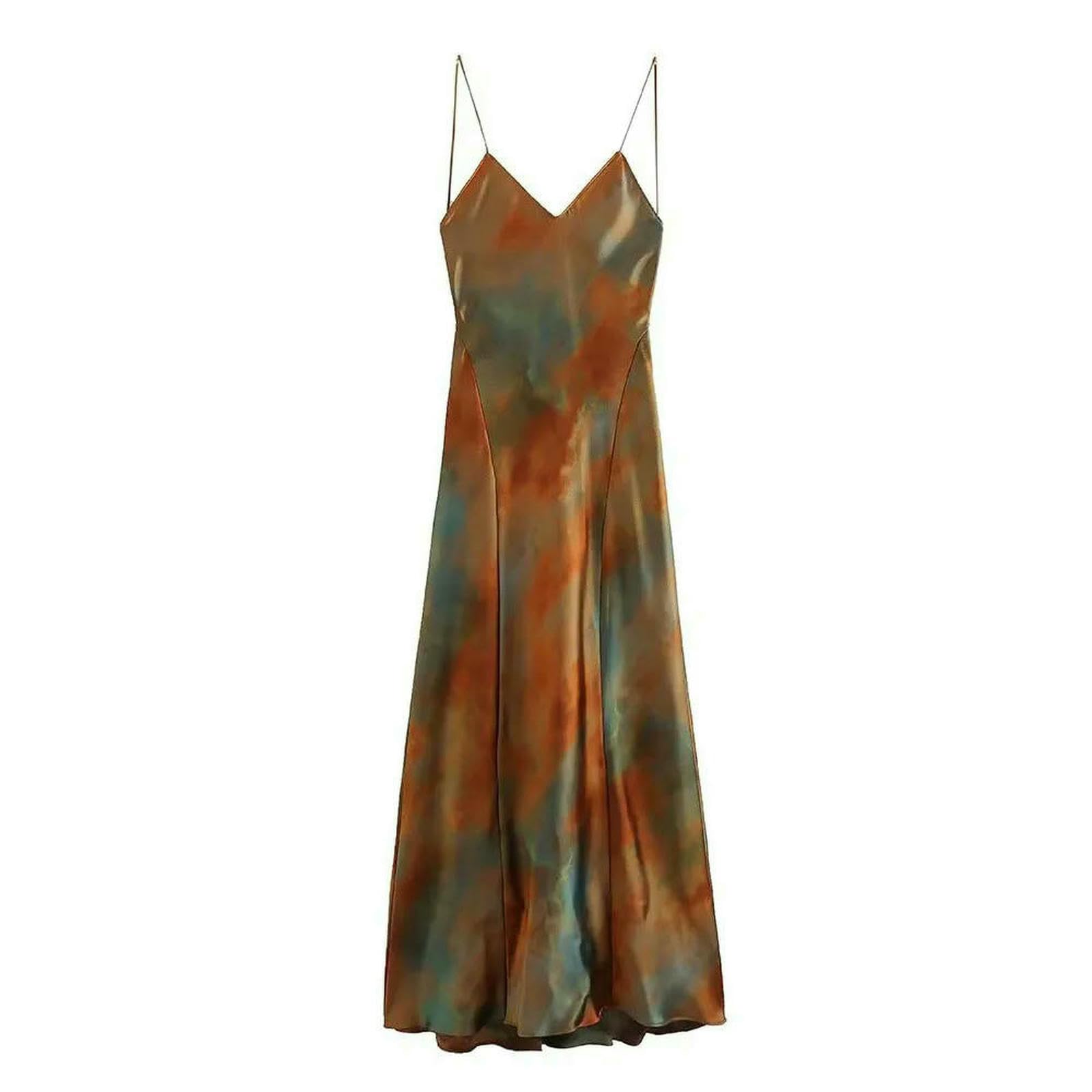CHENSHI Vestito Donna Elegante Summer New Women's Wear Fashion Silk Satin Steture Stamped off Abito Posteriore-Marrone Scuro-l