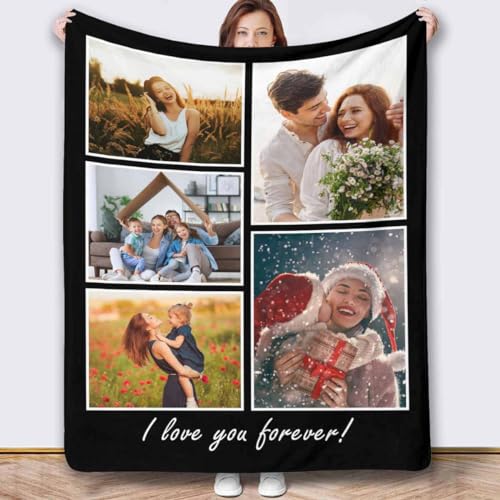 Newcos Custom Blanket with Photos for Christmas Personalized 5 Pictures Love Cozy Blanket Personalized Blankets as Memorial Gift for Baby, Kids, Adults, Parents, Friends, Family, Couples