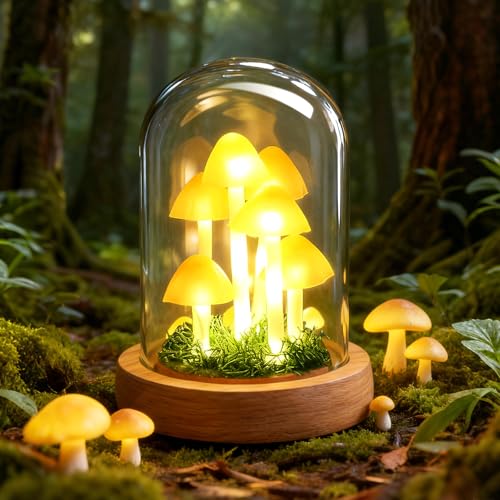 Kiinfendly Decorative Mushroom Lamp with Glass Dome Warm LED Night Light for Bedroom & Living Room Unique Mushroom Gifts for Women Christmas & Birthday Decor