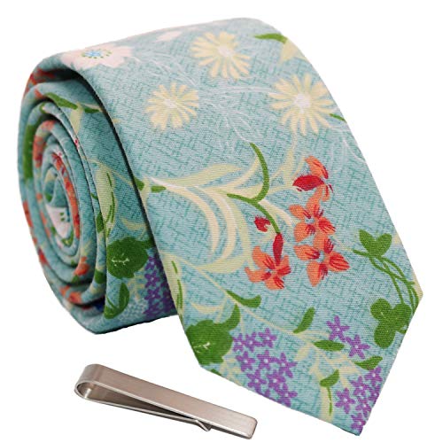 Image of Men's Skinny Tie Floral Cotton Necktie and Tie Bar Clip Sets, Great for Weddings,Groom,Groomsmen