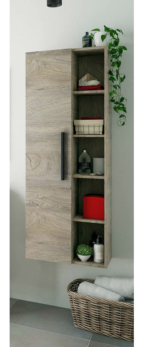 Columna de Baño Suspendida con una Puerta y Estantes con Acabado en Color Roble Alaska - Dim: 51 cm (Ancho) x 135 cm (Alto) x 25 cm (Fondo)