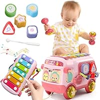 Lubibi Baby Early Educational Toy 5-in-1 Multifunctional Baby Puzzle Bus with Xylophone, Shape Sorter, Slider, Bell and Lever, Interactive Learning Sound Toys for 1 2 3 Year Old Boys Girls