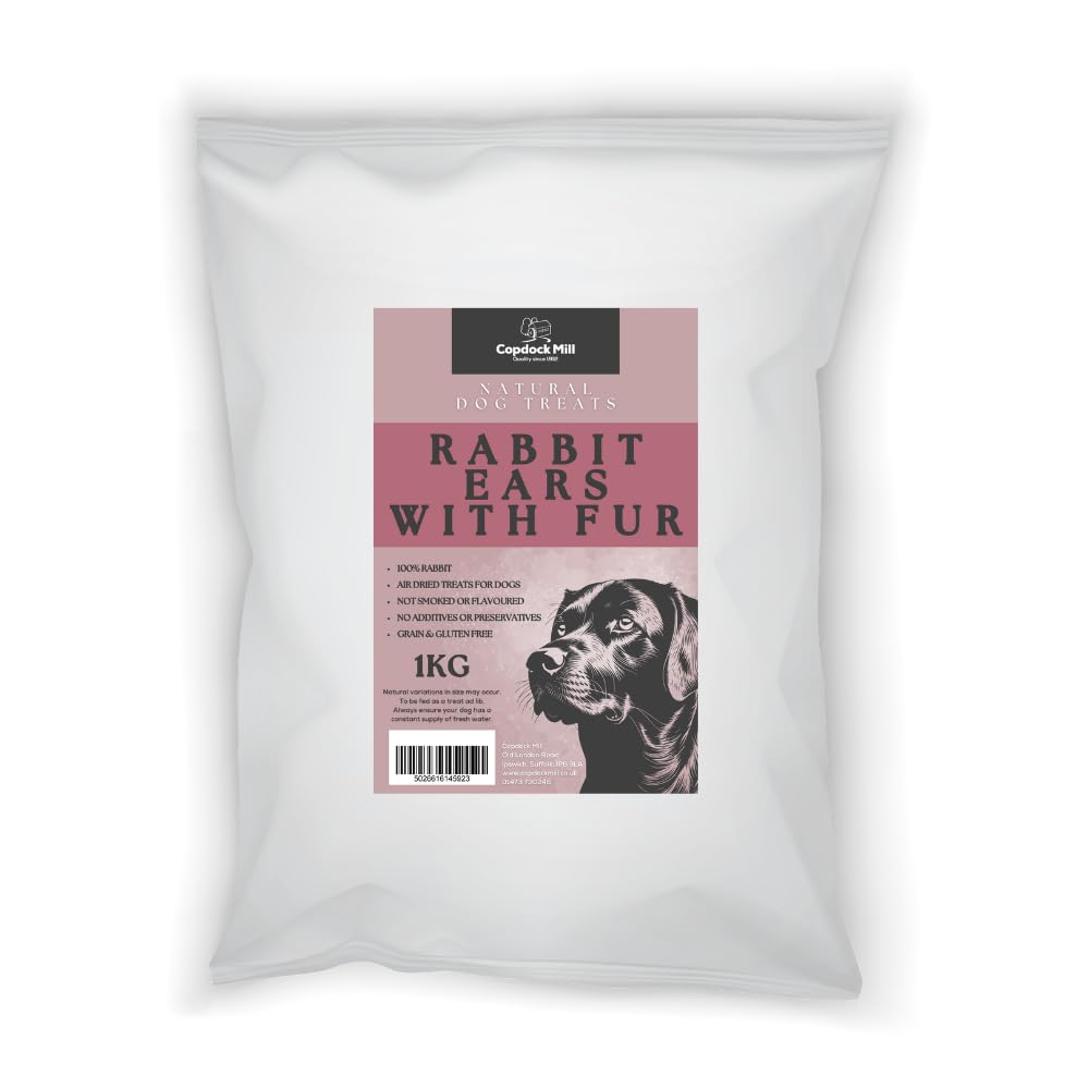 Copdock Mill Rabbits ears for dogs Natural dog treats with Fur 1Kg Bulk bag (Aprox 85 ears) Improves dental hygiene and the overall health of your dog