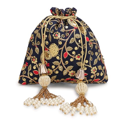 Image of LONGING TO BUY Indian Embroidered Pearl Potli Bag For Women, Sequence Design with Tassel, Wedding Potli Bags