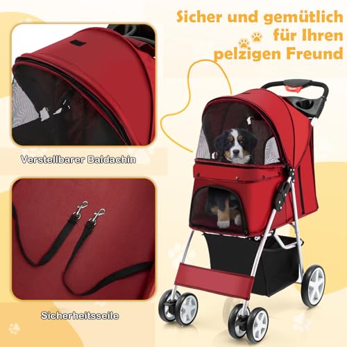 COSTWAY Hundewagen Haustiere Buggy, bis 15 kg, Hundebuggy mit Netzfenstern & Getränkehalter & Korb & Sonnenschutz, Faltbarer Katzenwagen, Katzenbuggy für kleine Hunde Katzen (Rot)
