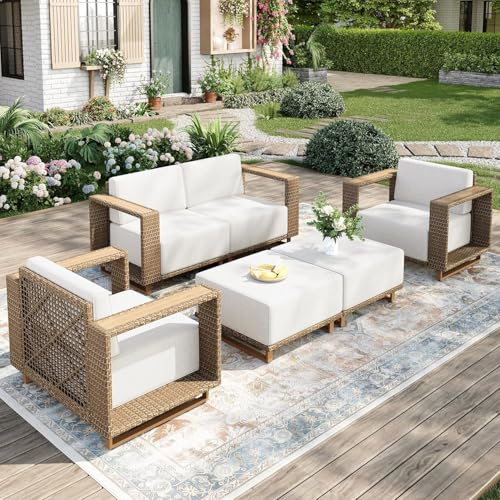 Image of MIXPATIO Patio Furniture Set, 5 Piece Outdoor Wicker Sofa Couch, Deep Seating Yellow Rattan Conversation Sets with 10-inch Thick Cushions, Low Profile Deck Backyard Lawn Furniture