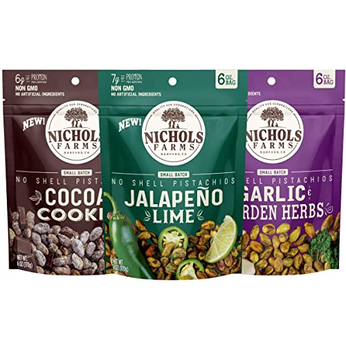 Image of Nichols Farms Pistachios - Fresh Roasted No Shell Pistachio - Nutrient Rich Nuts Snack Packs - Non-GMO, California Grown - Healthy, Wonderful Tasting, Party Snack - (Variety Pack)