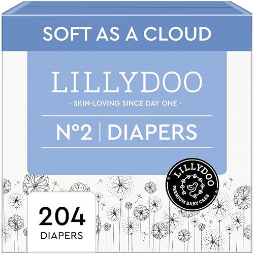 Image of LILLYDOO Baby Diapers - Size 2 (9+ lbs), Monthly Supply (204 Count), Leak Protection, Skin-Friendly, Ultrasoft, Perfume- & Chlorine-Free, Hypoallergenic, Dermatologist Tested, Oeko-TEX®