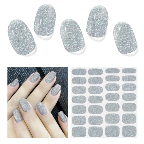 DUKASOU Semi Cured Gel Nail Strips,28 pcs Glitter Gel Nail Stickers with UV Light Required,Long Lasting Nail Art Stickers, Easy to Apply(Glitter Silver)