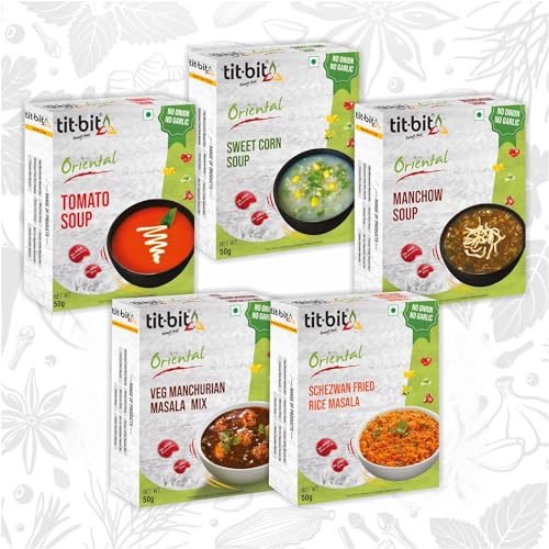 Image of Tit-Bit Oriental - Chinese Masala Combo - NONG - Ready to eat - Hakka Noodles, Schezwan Fried Rice, Sweet Corn Soup, Manchow Soup & Manchurian Mix - (50 gms each)