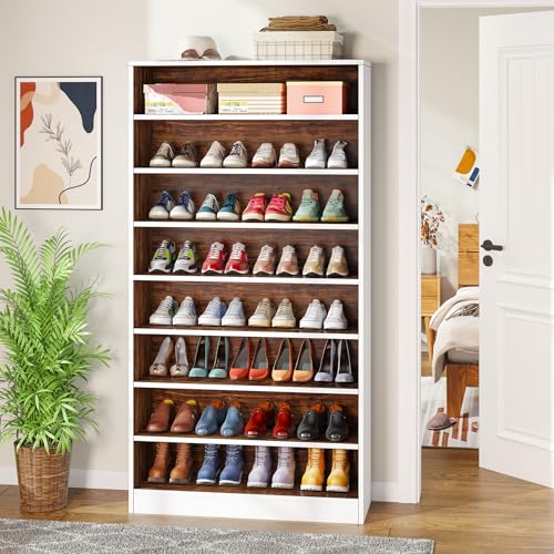 Tribesigns 9 Tiers Tall Shoe Cabinet, 40-45 Pairs Heavy Duty Wood Freestanding Shoe Storage Cabinet, 70.8'' Tall Cabinet with Open Storage for Entryway (White/Brown)