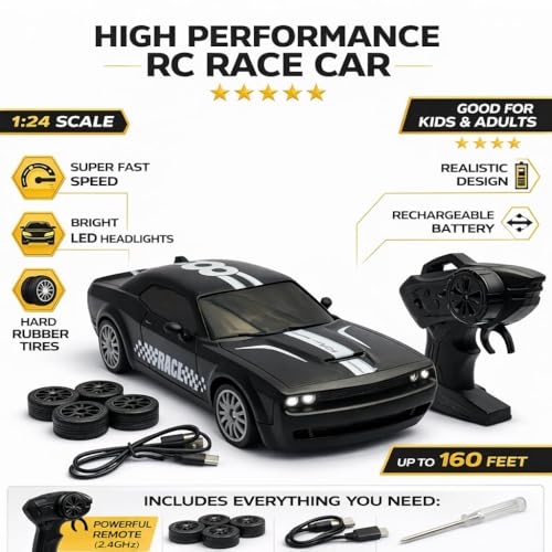 Image of 360 Remote Control Stunt Car for Kids | 1:24 RC Racing Drift Car with LED Lights, 2.4GHz Controller, Rechargeable Battery, Long Range 160ft | Gift Toy for Boys & Girls (Black)