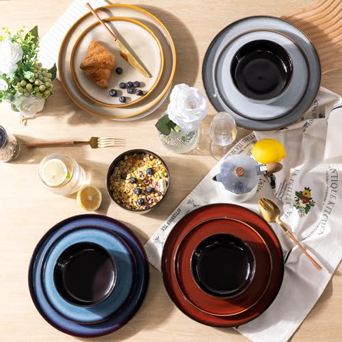 Image of LeRatio Ceramic Dinnerware Sets for 6,Porcelain Plates and Bowls Sets,Handmade Reactive Glaze Dishes Set,Chip Resistant and Scratch Resistant | Oven&Dishwasher & Microwave Safe)-Colorflu(18PCS)