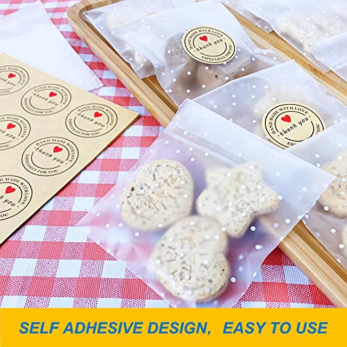 120PCS Self Adhesive Cookie Bags, Treat Bags, Searik White Polka Dot Plastic Pastry Bags with Thank You Labels for Party Gift Giving Bakery - Thumbnail 5