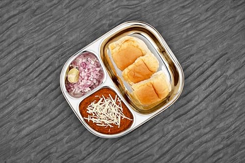 Image of Vinod Stainless Steel 3-Compartment Plate /Heavy Guage Pav Bhaji Plate /Idli Sambhar Breakfast Plate /Stainless Steel Plates for Lunch /Dinner, Set of 01