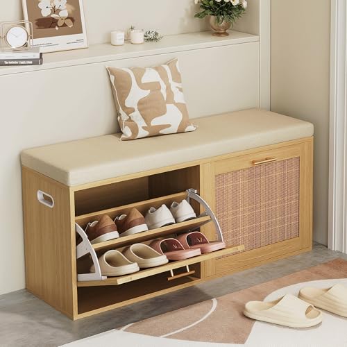 Apicizon 39'' Rattan Shoe Storage Bench with Cushion, Entryway Shoe Cabinet Bench with Storage, Wooden Shoe Rack Bench with Adjustable Shelves for Entrance, Living Room, Hallway, Natural
