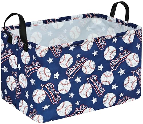Image of Blue Baseball Pattern Storage Basket Gift Laundry Bins Collapsible Storage Baskets Box Laundry Nursery Hamper for Home and Office Decoration with Handles