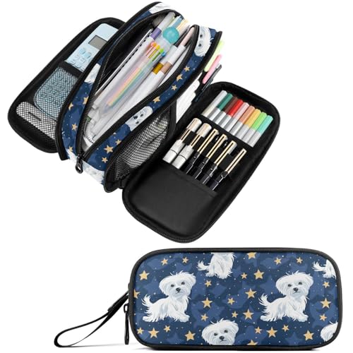 Image of Fustylead Cute Cartoon Maltese and Stars Pen Pencil Case Makeup Pouch Big Capacity Multi-Purpose Travel Bag Office Organizer with Zipper