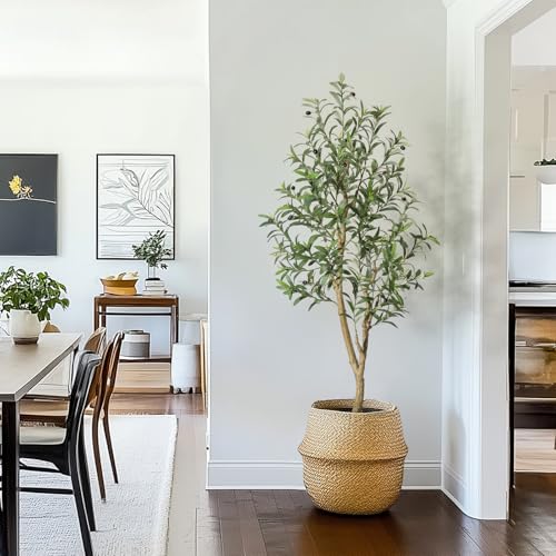 GarveeHome Olive Trees Artificial Indoor, 5ft Tall Faux Silk Plant - Fake Potted Tree with White Planter, Artificial Plants with Natural Wood Trunk and Lifelike Fruits for Home Office Decor, 2 Pack