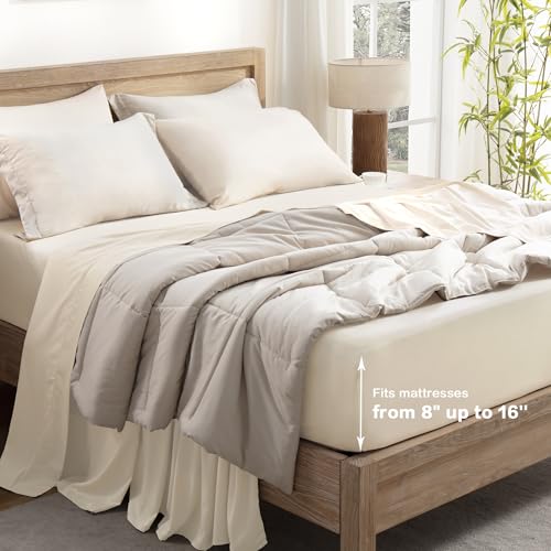 Image of Andency Beige Full Sheets Set 100% Viscose Derived from Bamboo | Cooling Summer Sheets, Deep Pocket Up to 16 inch, Silky Soft Hotel Luxury Breathable Bedding Sheets & Pillowcases