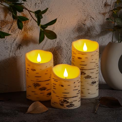 Image of QQFCTOO Birch Bark Flameless Candles, Flickering Battery Operated LED Candles, Electric Plastic Pillar Candles with Remote & Timer, Rustic Farmhouse Home Decor, Wedding Centerpiece, Gift Set of 3