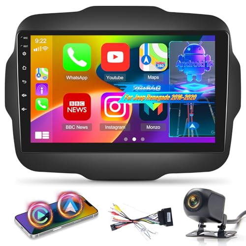 [2+64G] Android Radio de Coche para Jeep Renegade 2016-2020 con Inalámbrico Carplay & Android Auto. Radio con Pantalla Táctil de 9 Pulgadas con WiFi, DSP/EQ, FM/RDS Radio, SWC + Cámara de Seguridad
