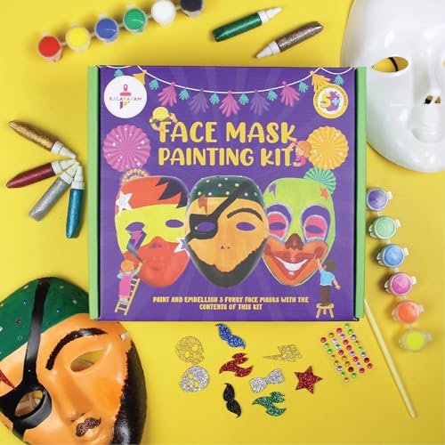 Image of Kalakaram DIY Face Mask Painting Kit: Decorate 3 Fancy Face Masks from The Contents of This kit - White Face Masks, Paints, Cool and Funky Stickers, Paint Brush, Embellishments