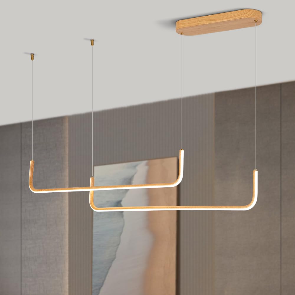 Sedelan LED Linear Wood Chandelier, Modern Pendant Light Fixture, Dimmable Minimal Linear Kitchen Chandeliers for Island Dinning Room Living Room Office Bar, Aluminum Woodgrain Print