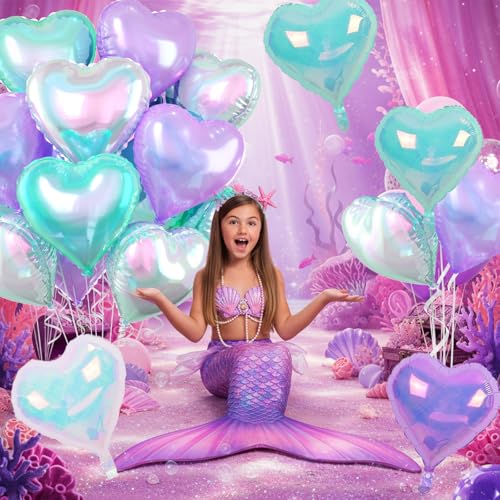 Image of Iridescent Heart Balloons, 10 Pcs Crystal Heart Shaped Balloon, 18 Inch Transparent Gradient Blue Purple Foil Balloons for Engagement Brithday Baby Shower Wedding Valentines Mermaid Party Decoration