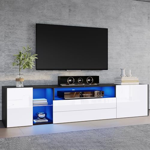 Merax Mueble de TV con LED, armario de televisión brillante con 2 puertas y 2 cajones, soporte para TV de hasta 75 pulgadas, mueble bajo para salón, dormitorio, comedor, 180 cm, negro y blanco
