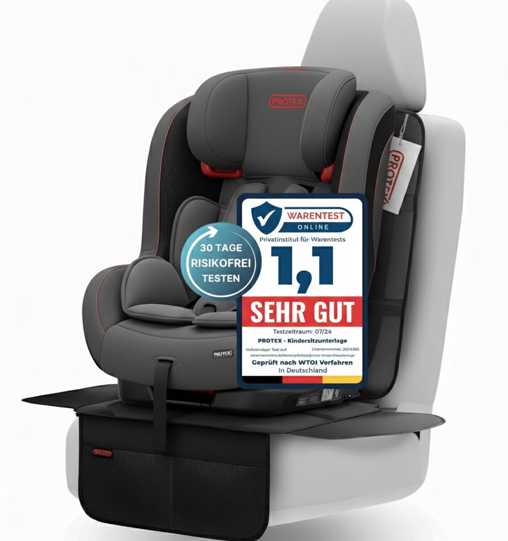 PROTEX Kindersitzunterlage [Testsieger 2025] ISOFIX-geeignet | Wasserabweisender Polyester Stoff mit gepolsteter Sitzfläche | L