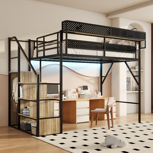 FAVSH Full Size Metal Loft Bed with Storage Shelf Built-in USB Port, Heavy Duty Loft Bed w/Storage Stairs & Wardrobe+ LED Lights for Bedroom, Large Under-Bed Area, Noise Free, No Box Spring Needed