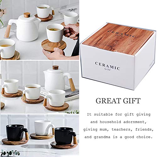 Coffee Mug Tea Cup Ceramic with Wood Saucers 10.5 Oz Matte Latte Mug Cups Birthday Gift Ideas Novelty Gift for Men Women Festival Engagement Perfect for home or the office (White) - Thumbnail 7