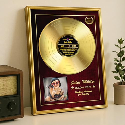 DUOMIO Goldene Schallplatte personalisiert inklusive edlem Rahmen | 3 Größen, Design, Hintergrundfarbe frei-wählbar| High-Quality Druck (Musik)
