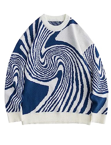 Yimoon Mens Oversized Graphic Sweaters Crewneck Y2K Unisex Vintage Aesthetic Knitted Long Sleeve Jumper Tops(Blue-S)