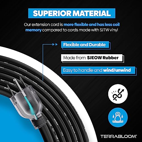 Terrabloom 14/3 Heavy Duty Extension Cord 100 Ft Outdoor - Black Outdoor Extension Cord Multiple Outlet - Ultra-Flexible Sjeow Rubber, Light Indicator, Triple Outlet For Maximum Efficiency - 15 Amp #TOP1