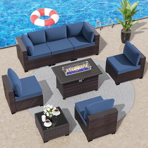 Image of 8 Pieces Outdoor Patio Furniture Set,Outdoor Sectional Furniture with 43 inch 55000 BTU Gas Propane Fire Pit Table,All Weather PE Rattan Wicker Patio Conversation Set,Navy Blue