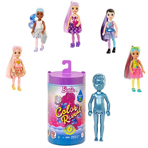 Barbie GTT23 - Barbie Chelsea Color Reveal Puppe, Glitzer Serie, mit Enthüllungseffekt mit 1 Überraschungspuppe und 6…