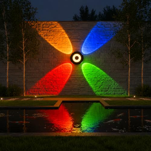 Image of FERA Waterproof Up Down Led Wall Lamp, Aluminium IP65 Body 4+1 Ray, Multycolor, Indoor /Outdoor Decorative Wall Sconce Light, (HaloBeam 4 Way Multi)
