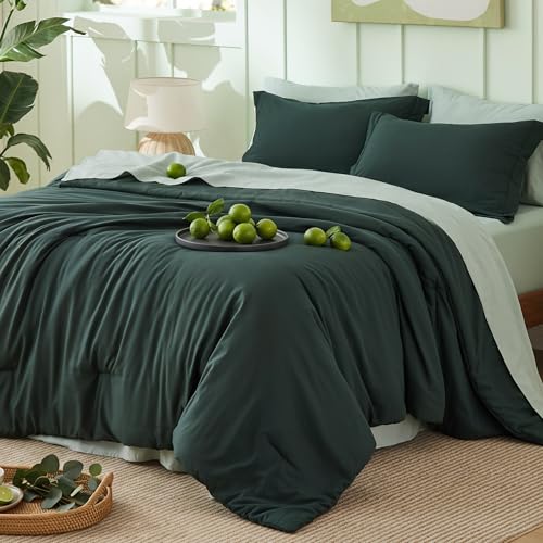 Image of Bedsure Full Size Comforter Set - 7 Pieces Forest Green Full Bedding Set for All Seasons, Boho Contrasting Design Bed in a Bag with Comforter, Sheets, Pillowcases & Shams