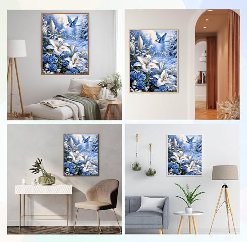 Image of QENSPE Diamond Painting Art Kits, DIY Blue Bird Diamond Art for Adults, 5D Flower Full Drill Painting for Beginner, Round Diamond Dots Paintings Gem Art Crafts Home Wall Decor Gifts 30x40cm