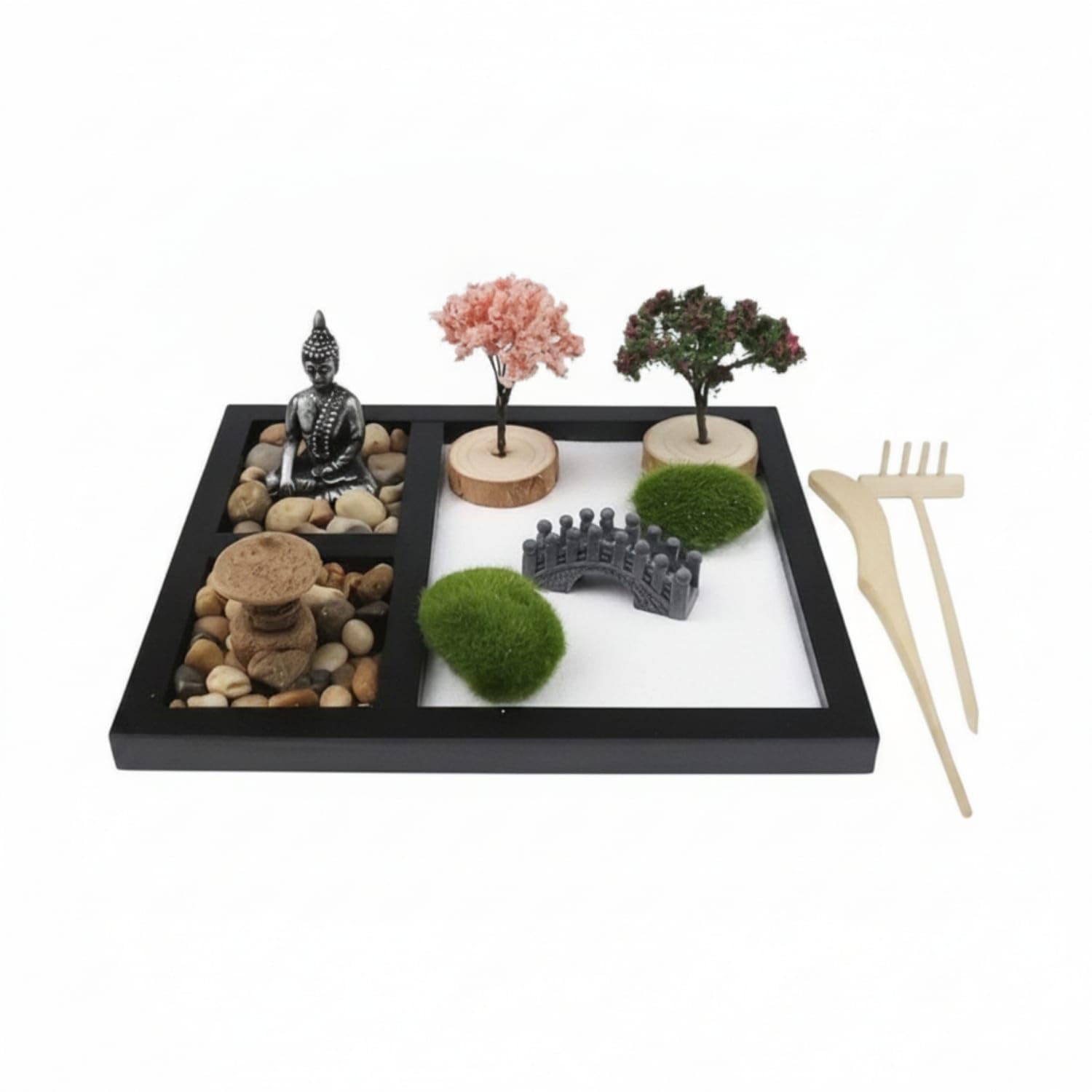 Meditation Tabletop Zen Garden Compact Desktop Zen Garden Rectangular Miniature Landscape Kit Divided for Desk, Office, Black-image-27
